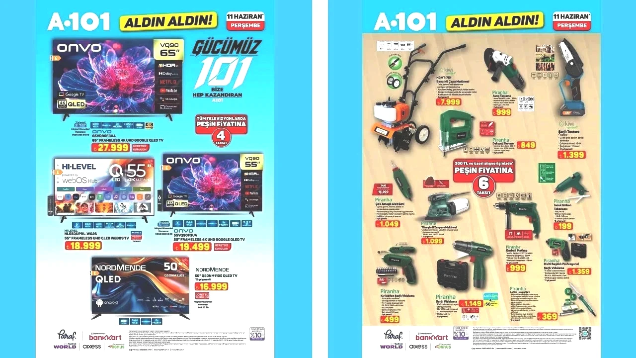 TELEVİZYON VE ELEKTRONİK ÜRÜNLER Onvo 65" 4K UHD Google QLED TV 27.999 TL HI-LEVEL 55" QLED WebOS TV 18.999 TL Nordmende 50" QLED TV 16.999 TL Onvo 55" QLED TV 19.499 TL  EL ALETLERİ VE TEKNİK ÜRÜNLER Piranha Matkap, Vidalama ve Zımpara çeşitleri Kiwi Şarjlı Testere 1.399 TL Çeşitli araç ve tamir setleri